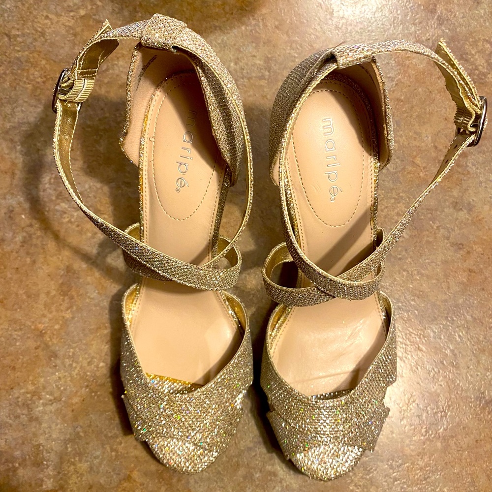 Maripe Gold Glitter Platform Scrappy Heels, Sz. 8, Nw… Gem